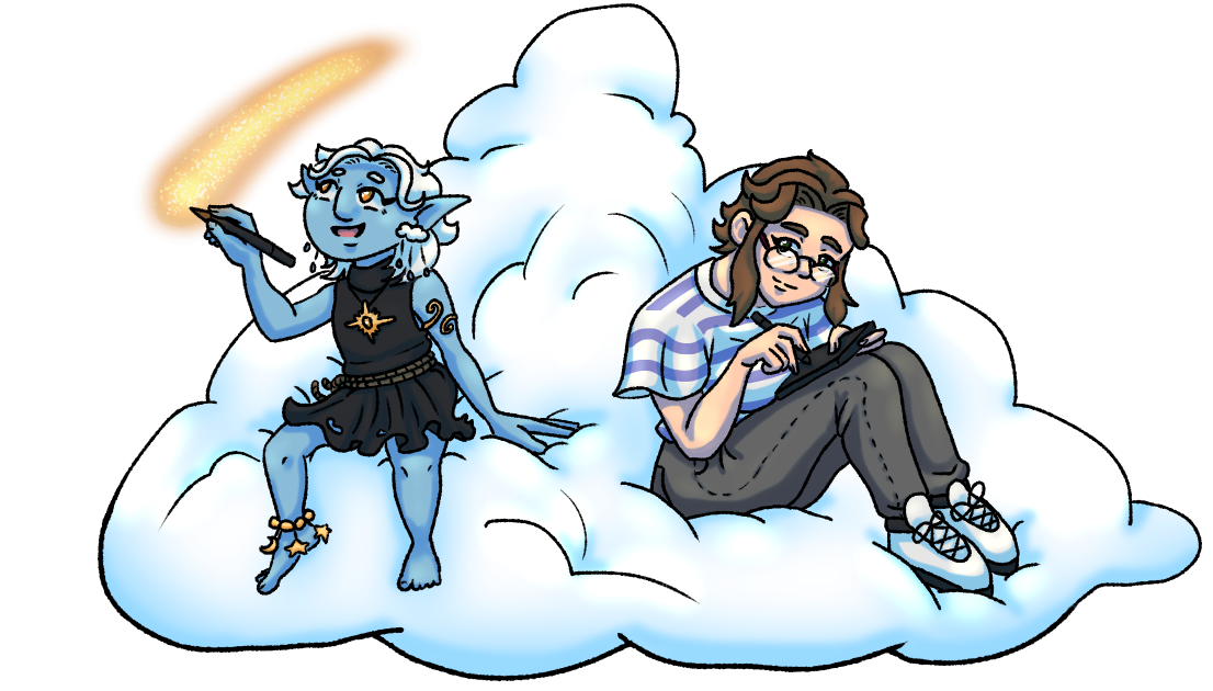 Shown is my persona, a cloud goblin, and me, how I look like in real life. We are sitting on a cloud. The goblin draws into the sky and I draw on a drawing tablet.